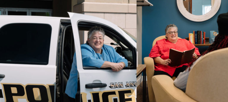 Side by side images of Betsy Buhler. Image to the left shows Betsy in the passenger seat of a police car and the right photo shows Betsy sitting in a room with another woman reading a book.